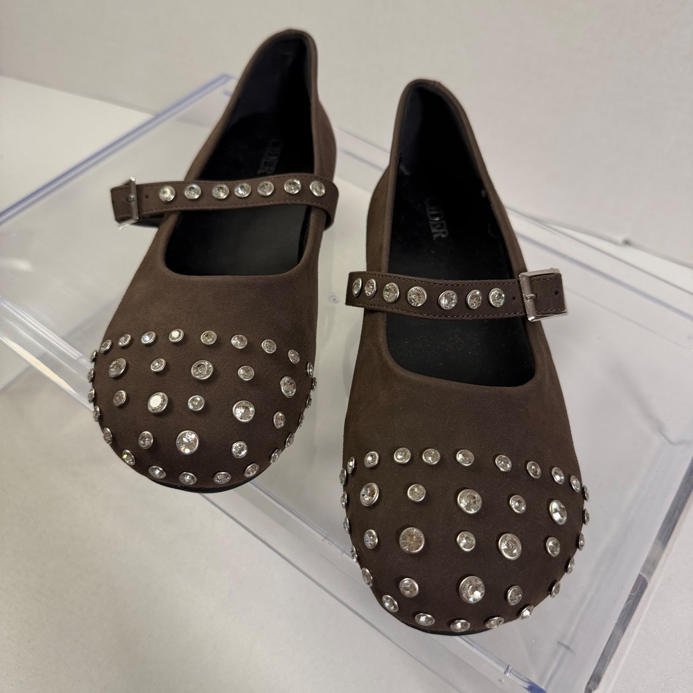 Cider Mary Jane Flats Size 38 Brown Faux Suede Rhinestone Embellished Sparkly